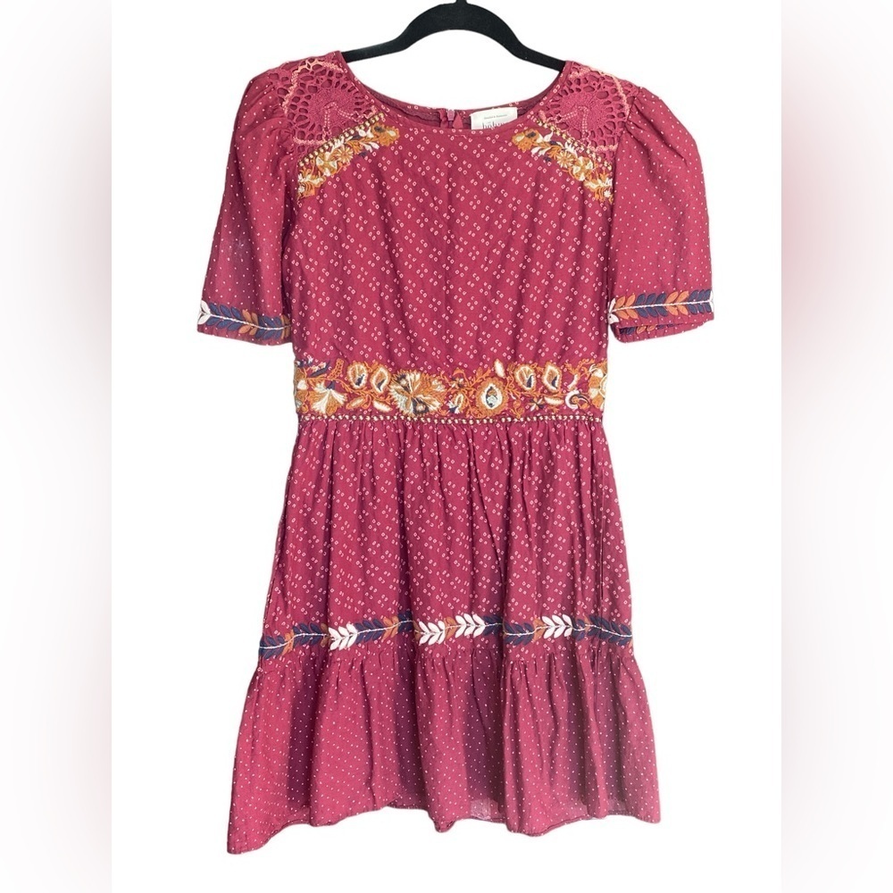 Bohme Burgundy Spanish Boho Embroidered Dress Size Small